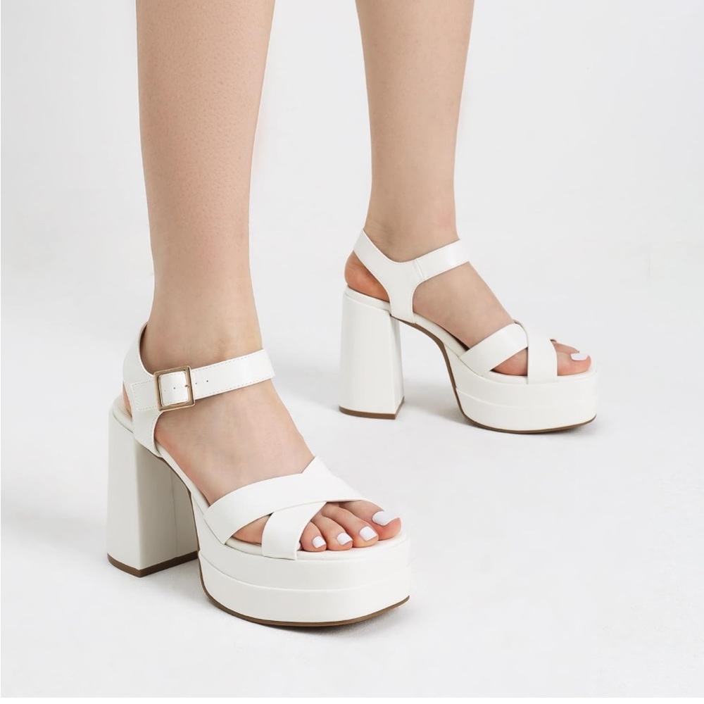 White Chunky Platform Y2k Heels Square Open Toe A… - image 5